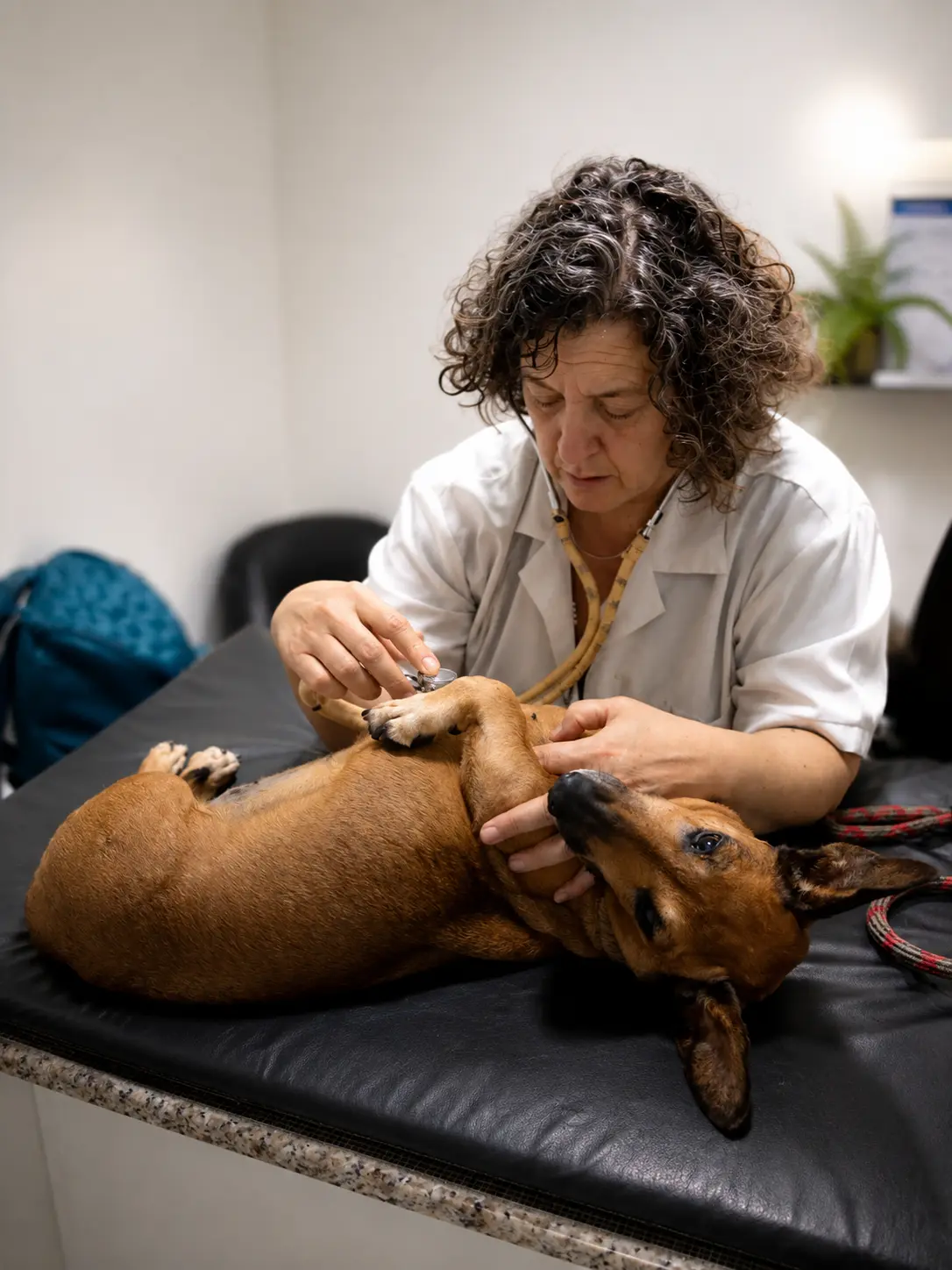 Carmen auscultando um cão deitado