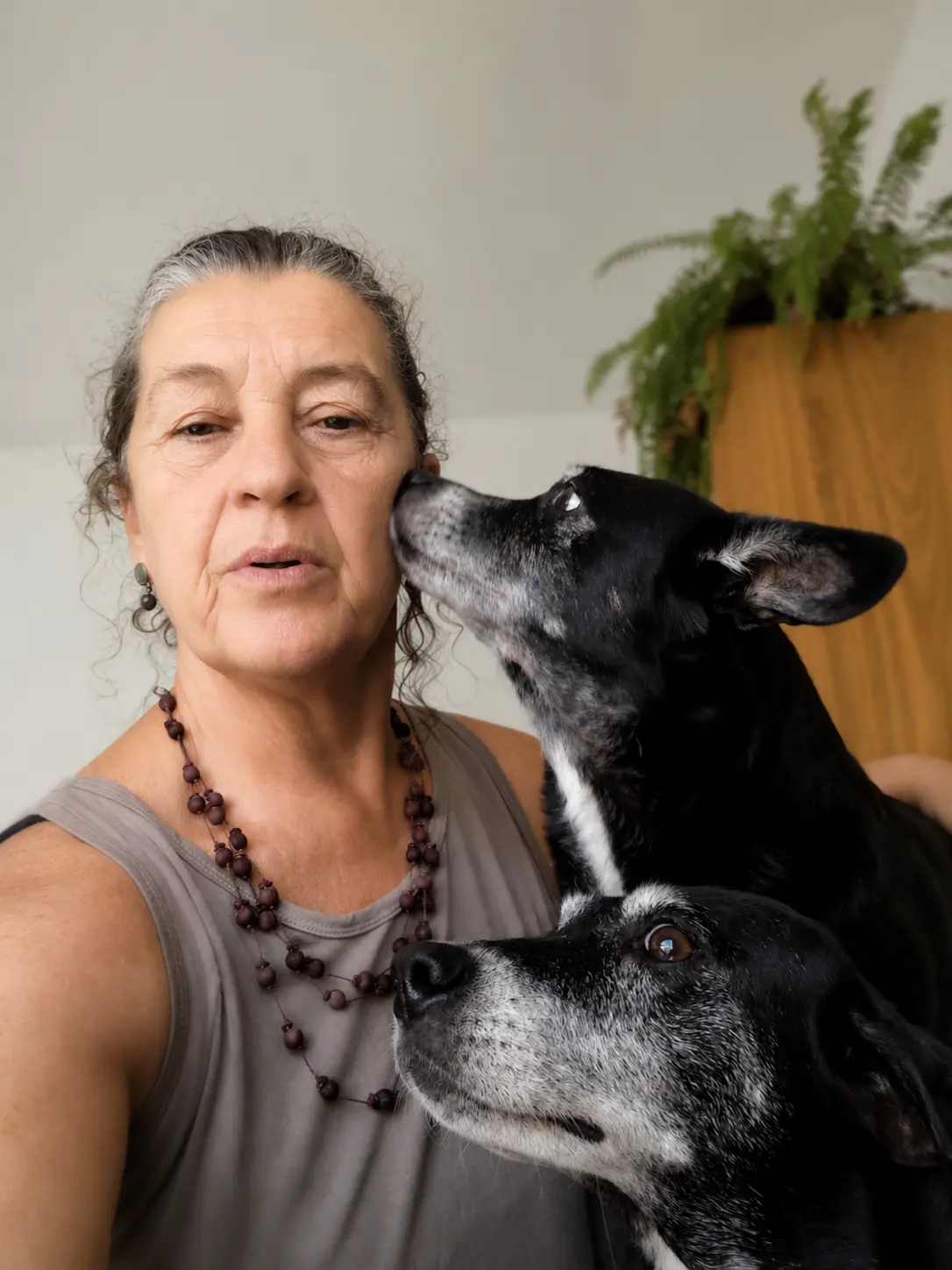Carmen com dois cães idosos