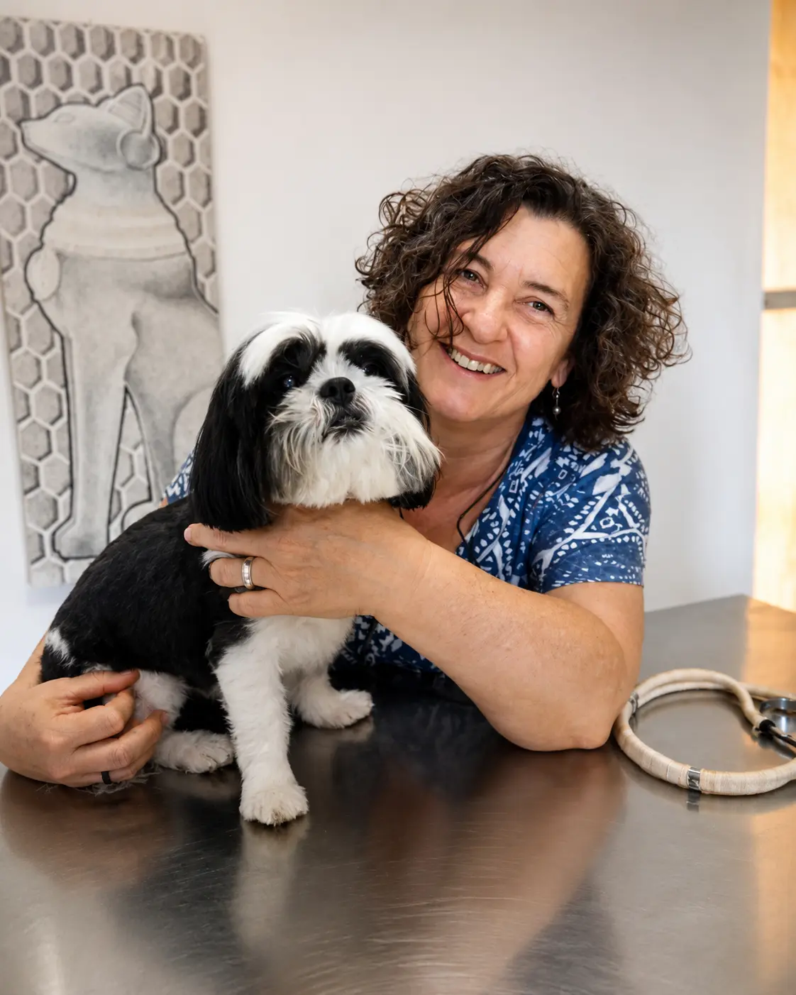 Carmen abraçada a uma shih tzu